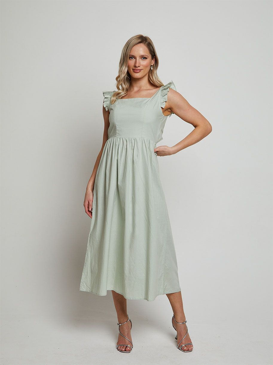 Ruffle Sleeve Cotton Poplin Midi Dress in Green