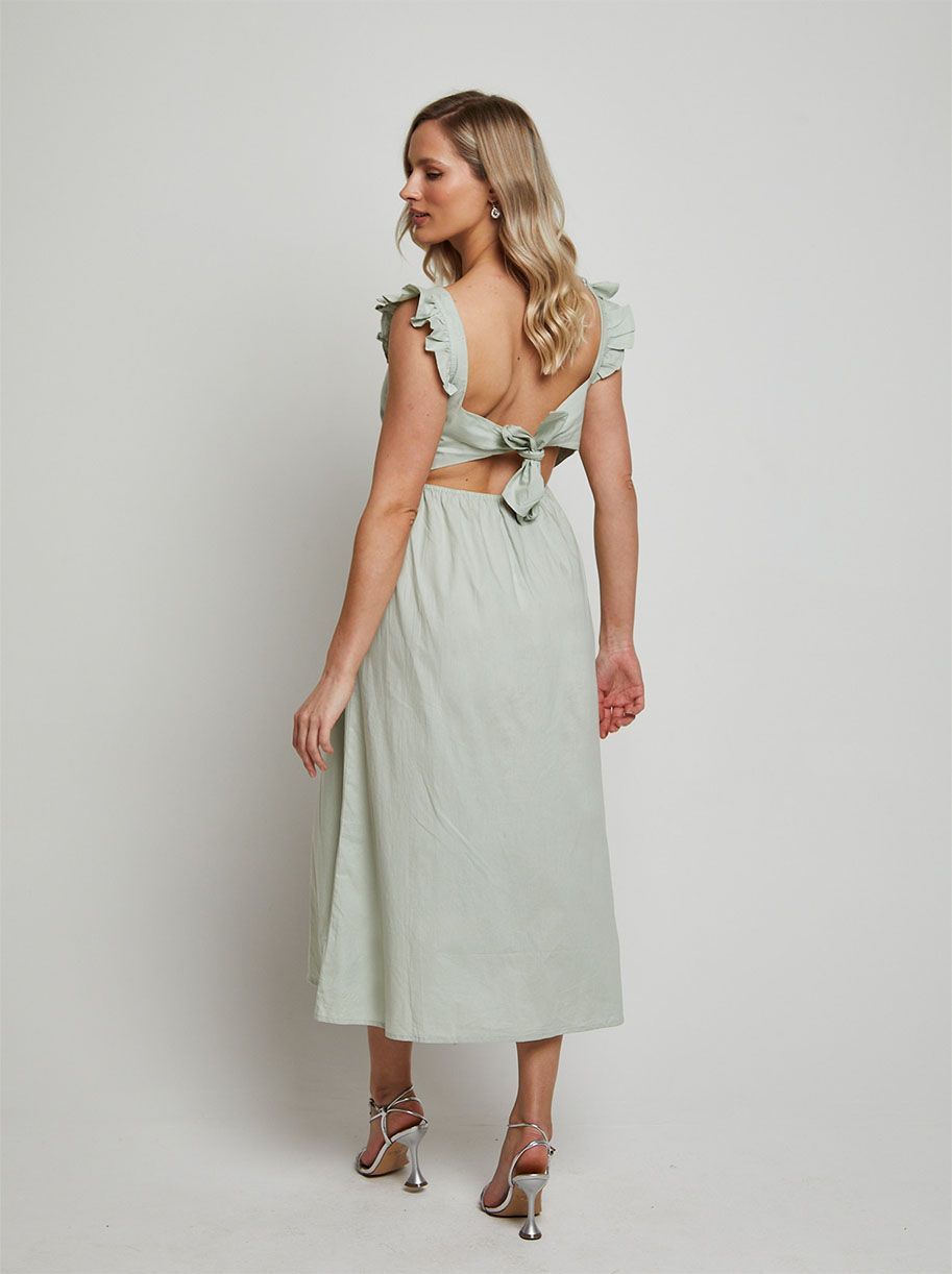 Ruffle Sleeve Cotton Poplin Midi Dress in Green