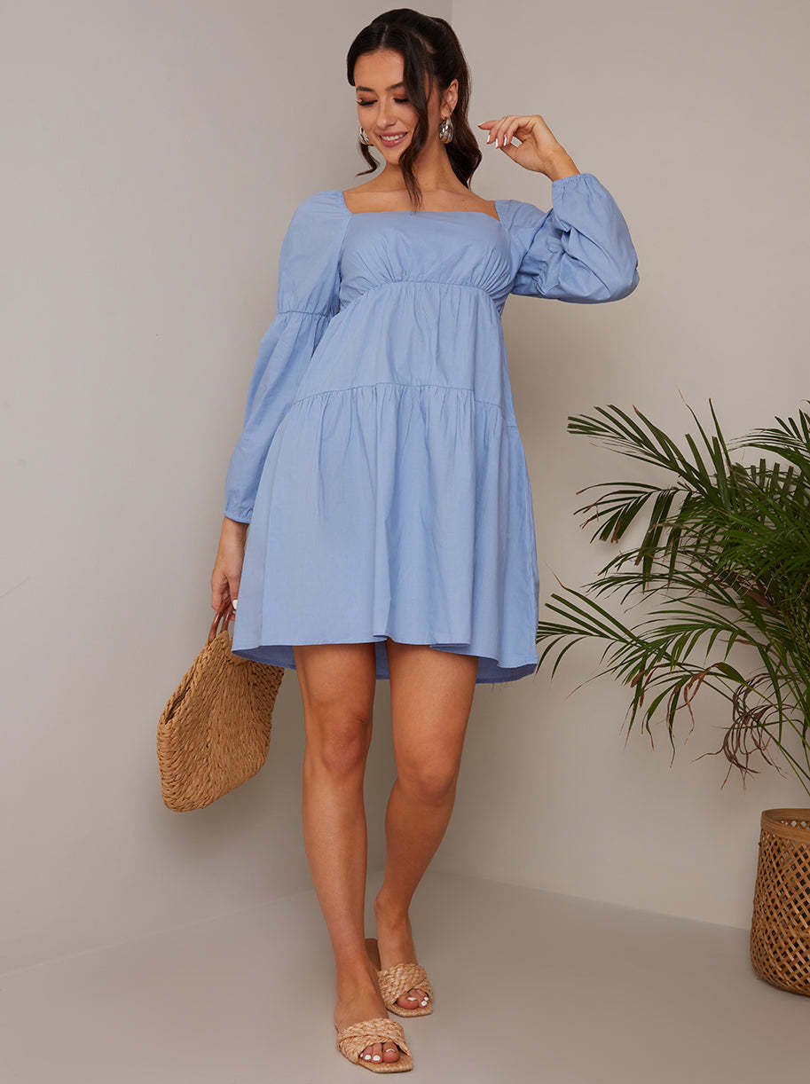 Square Neck Cotton Tiered Mini Dress in Blue