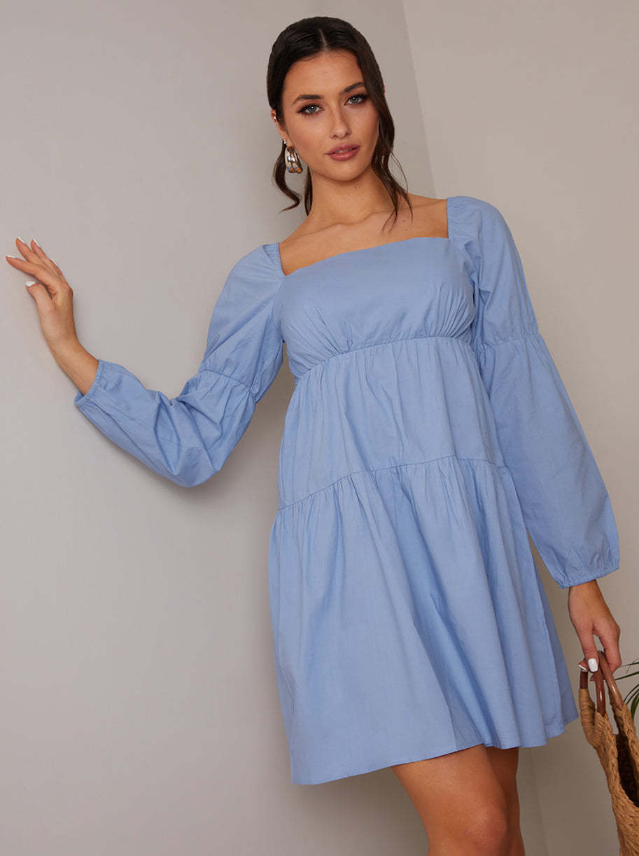 Square Neck Cotton Tiered Mini Dress in Blue