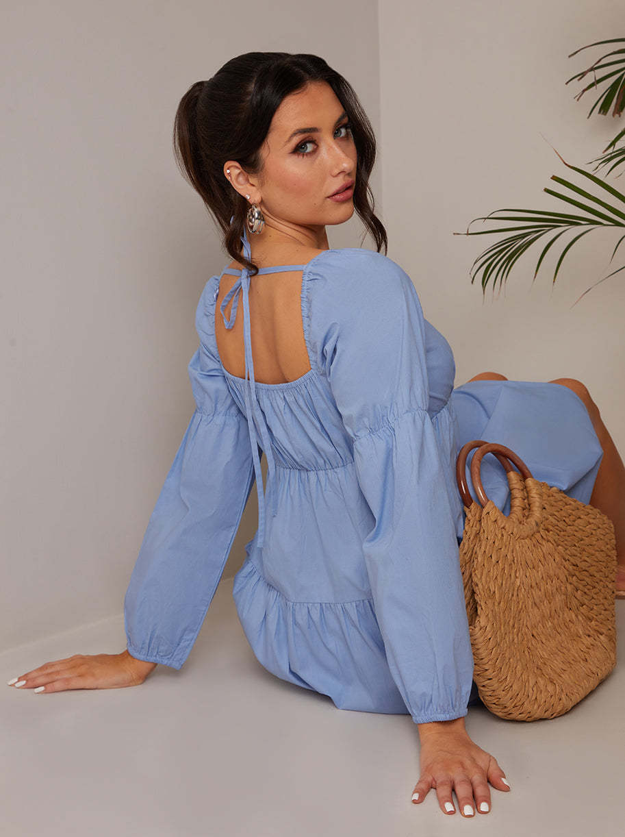 Square Neck Cotton Tiered Mini Dress in Blue