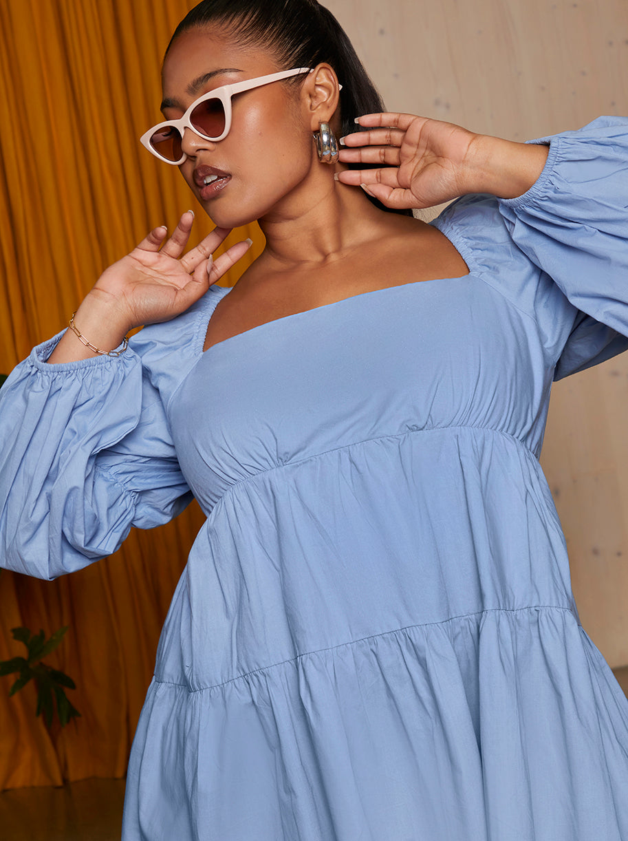 Plus Size Square Neck Cotton Tiered Mini Dress in Blue