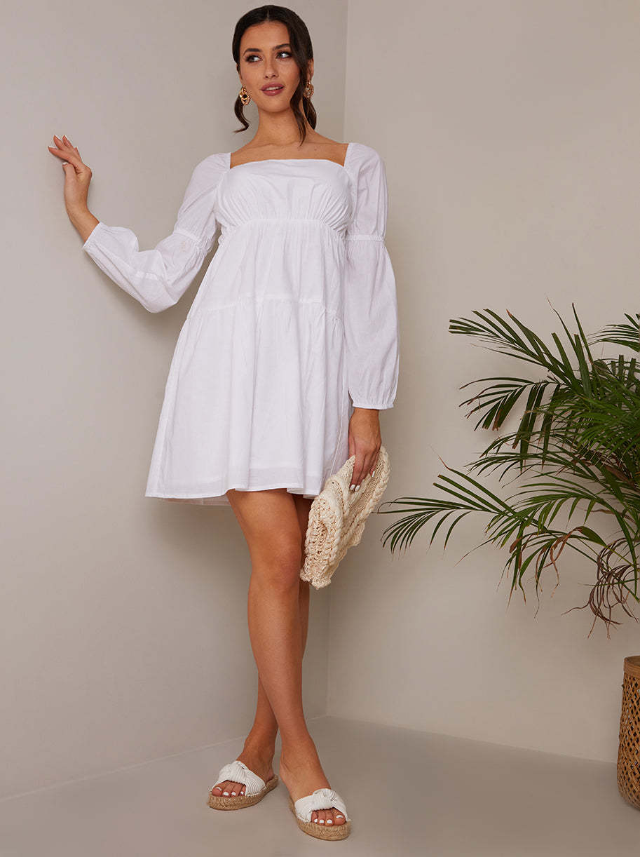 Square Neck Cotton Tiered Mini Dress in White