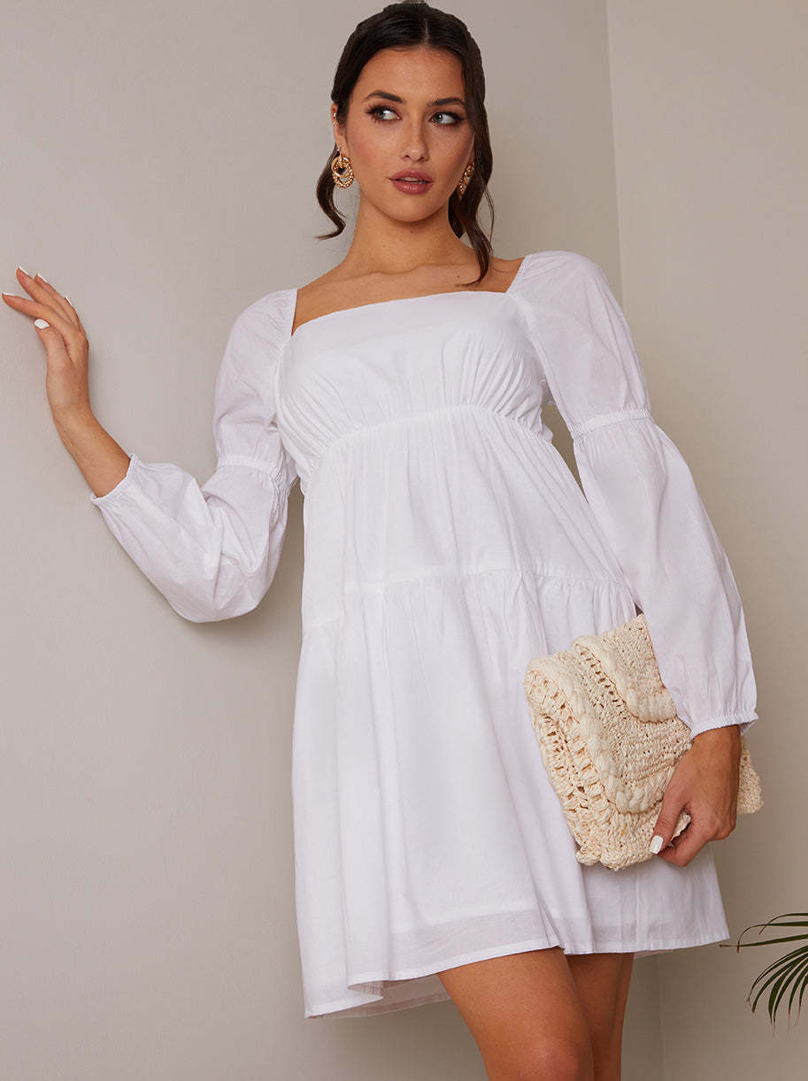 Square Neck Cotton Tiered Mini Dress in White