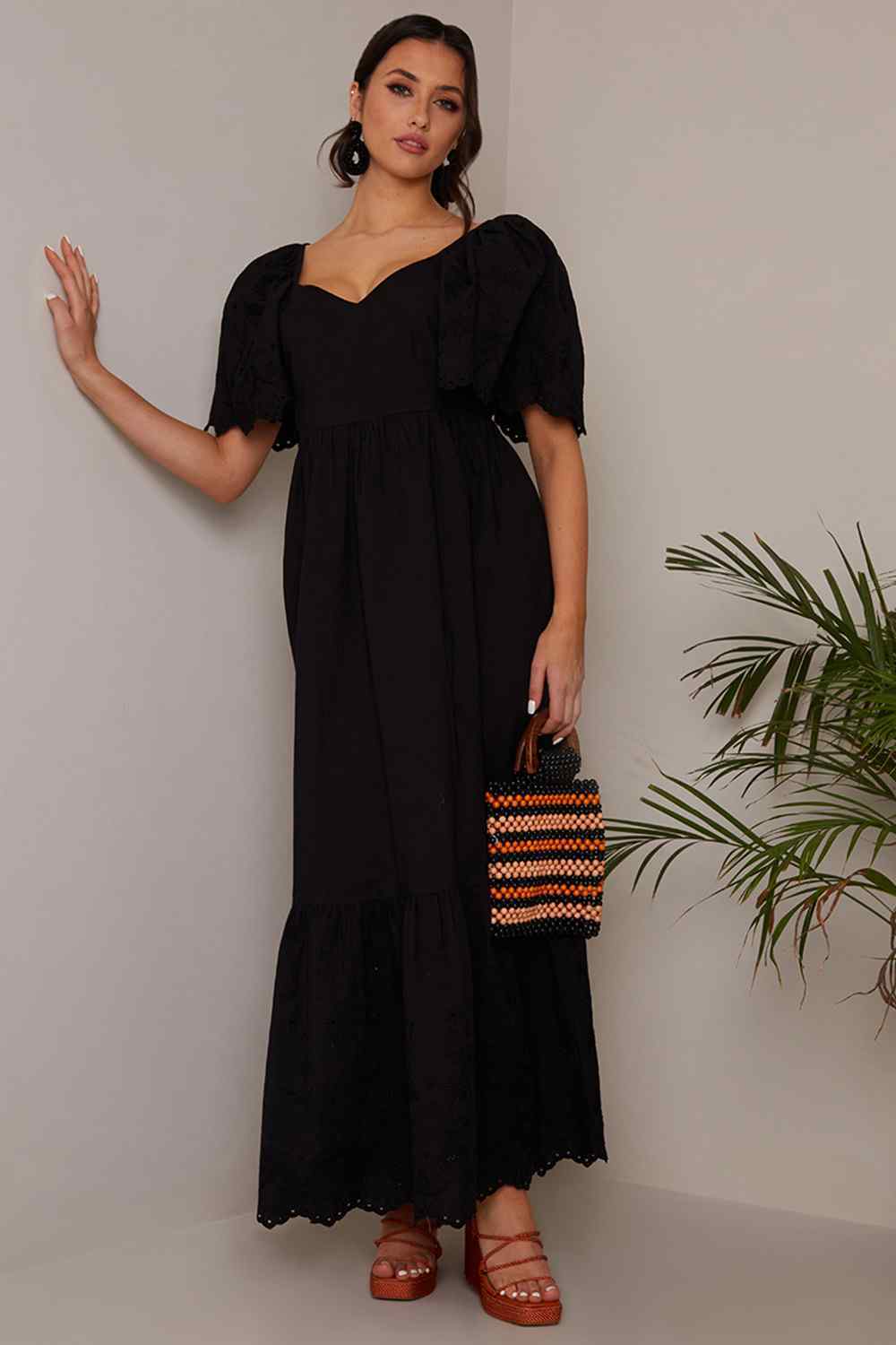 Broderie Sleeve Poplin Maxi Dress in Black