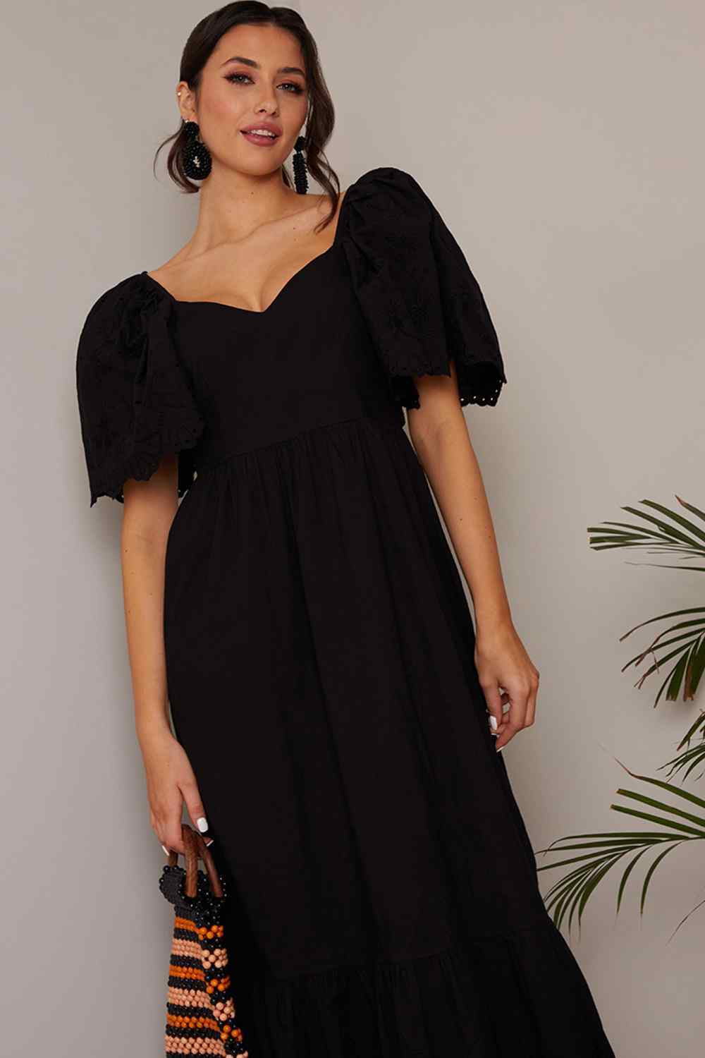 Broderie Sleeve Poplin Maxi Dress in Black