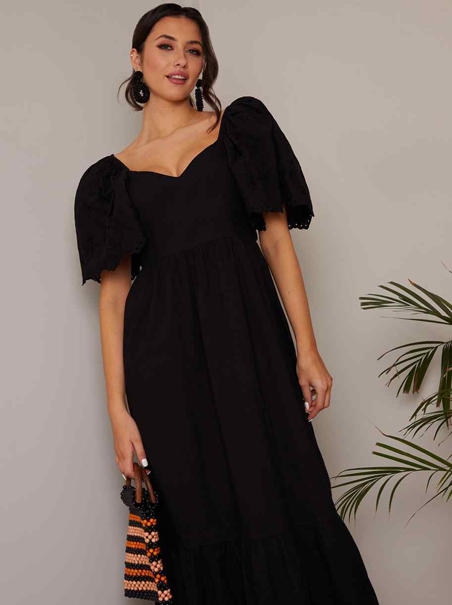 Broderie Sleeve Poplin Maxi Dress in Black