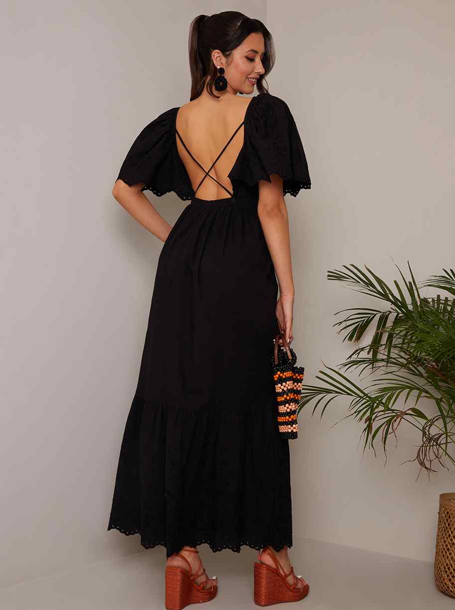 Broderie Sleeve Poplin Maxi Dress in Black