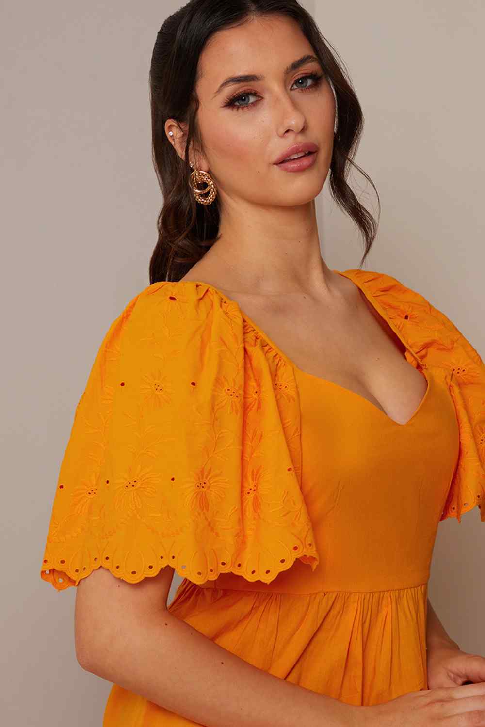 Broderie Anglaise Sleeve Poplin Maxi Dress in Orange Chi Chi London