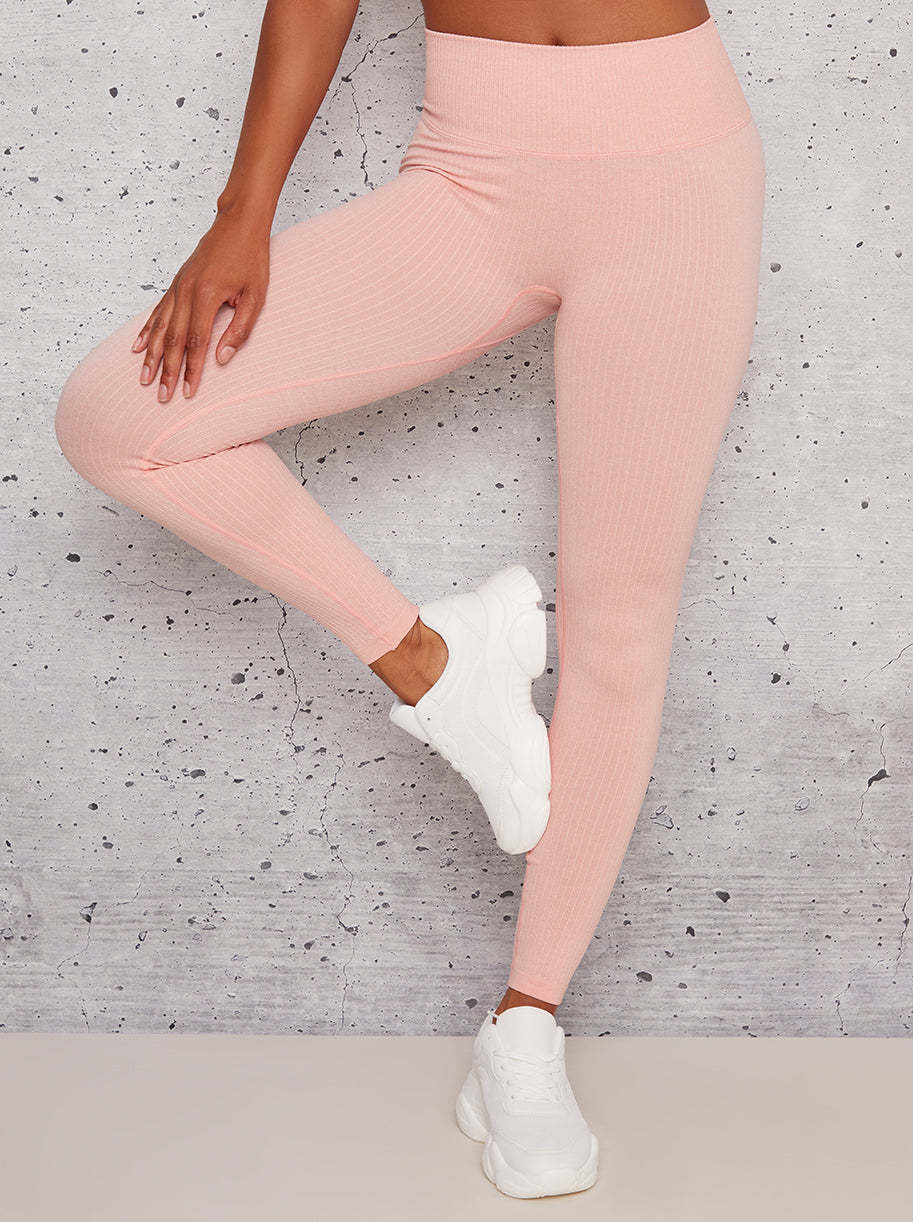 Sports Leggings with Ribbed Design in Coral