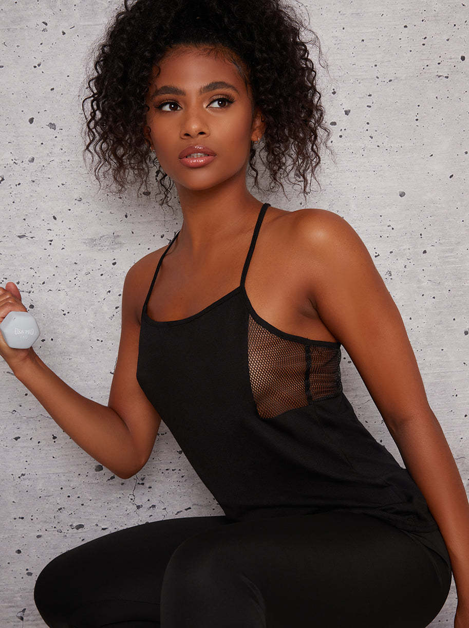 V Neck Cami Strap Sports Top in Black