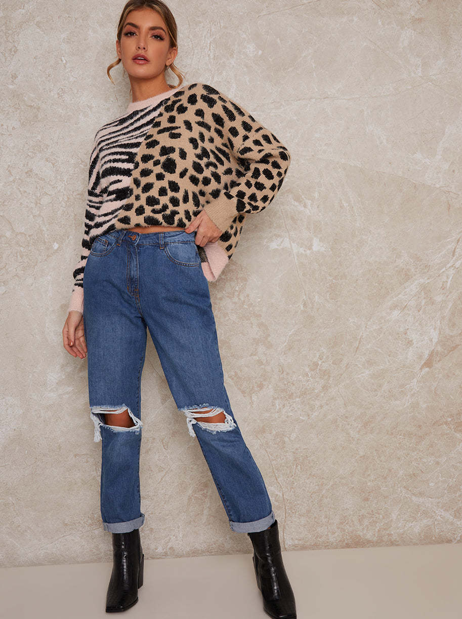 Ripped High Rise Mom Jeans in Blue