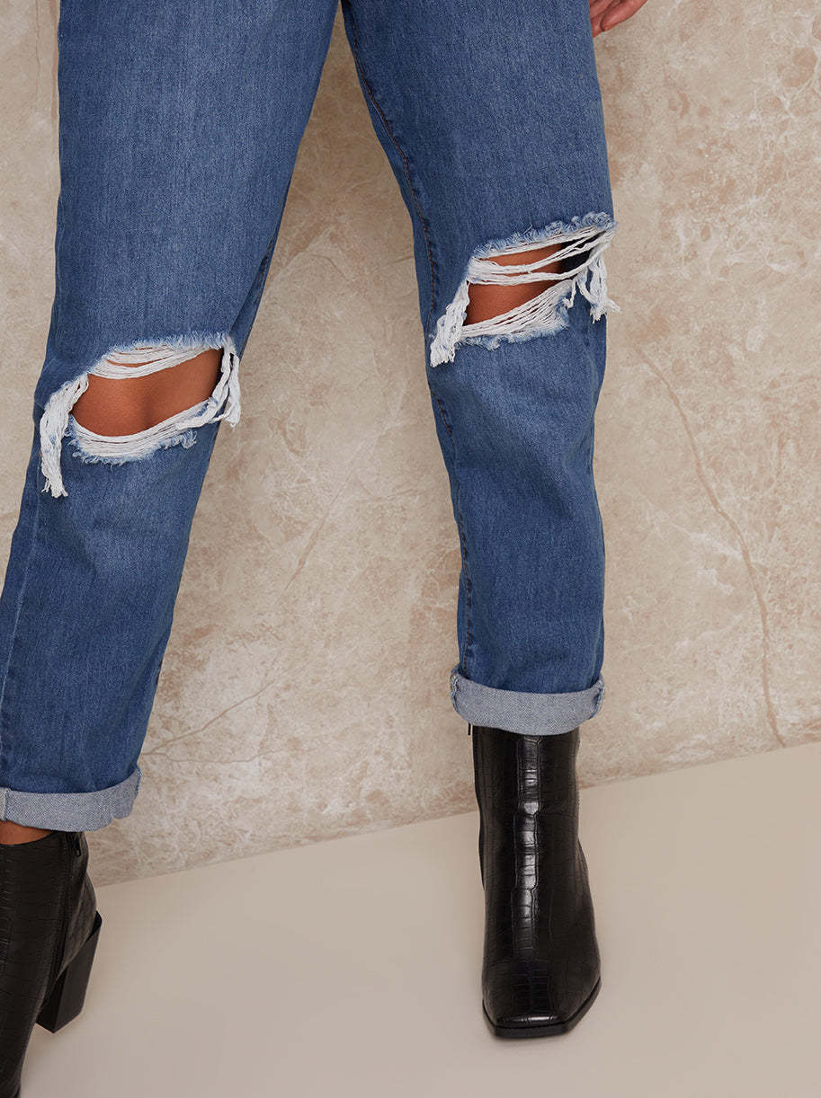 Ripped High Rise Mom Jeans in Blue