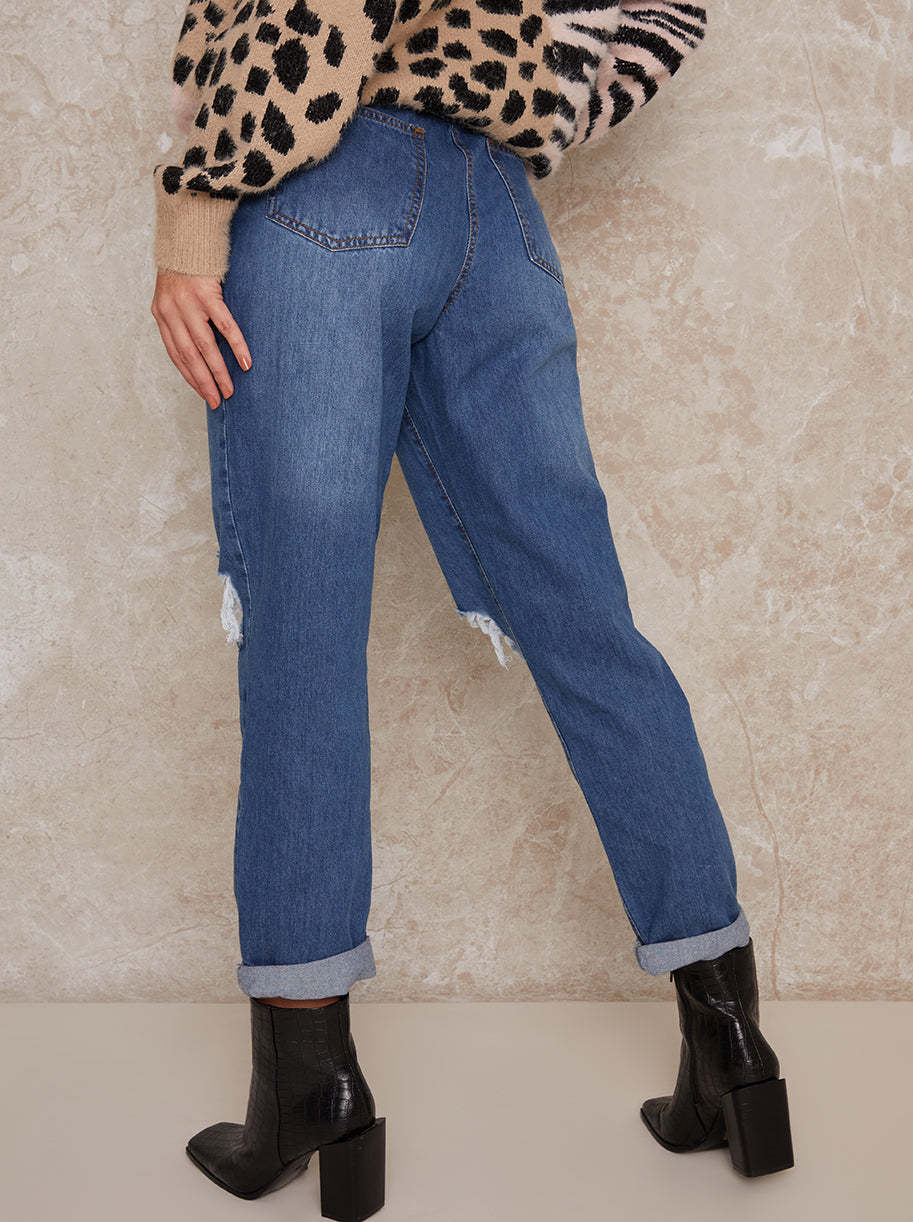 Ripped High Rise Mom Jeans in Blue