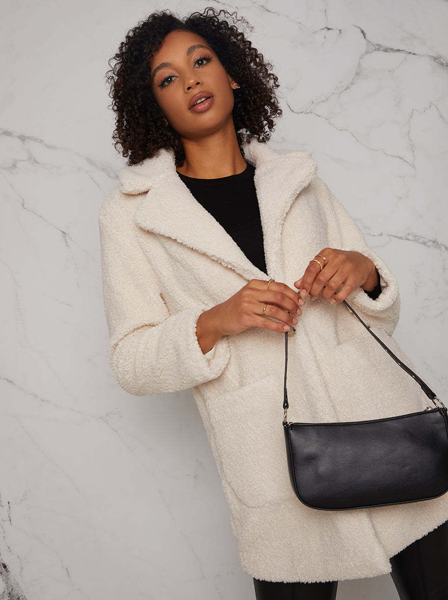 Mid Length Teddy Coat in Beige
