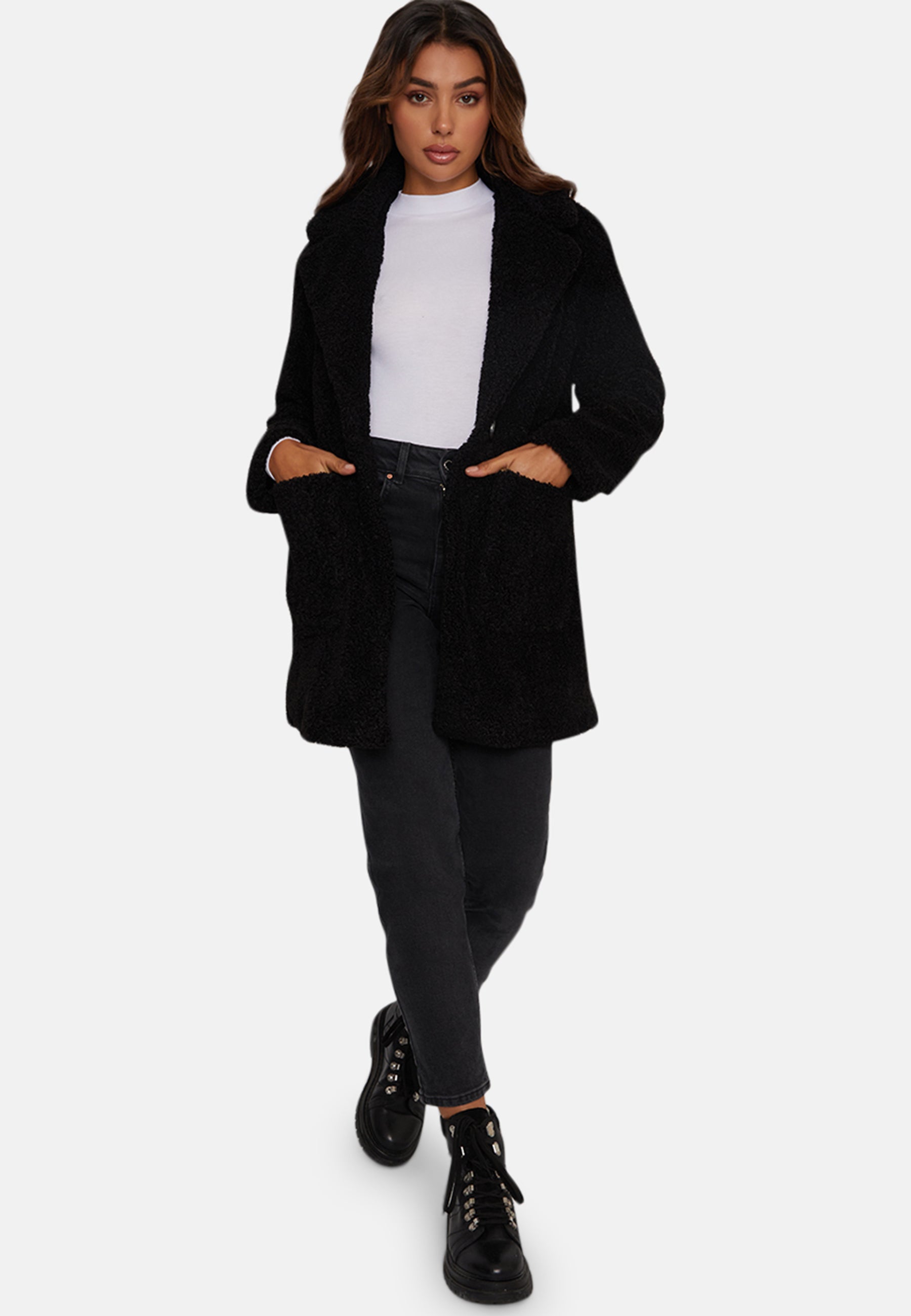 Black mid length teddy coat on sale