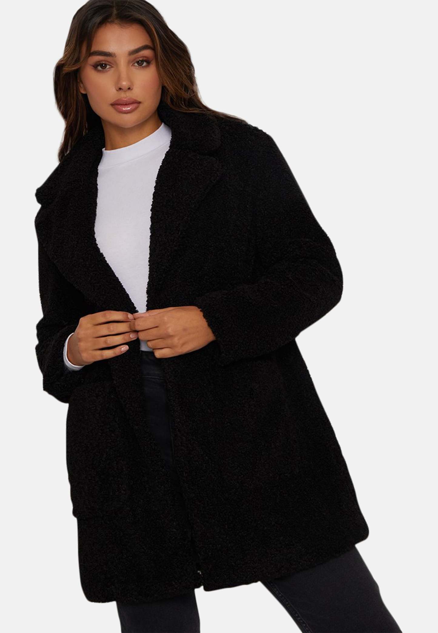 Long black teddy coat womens best sale