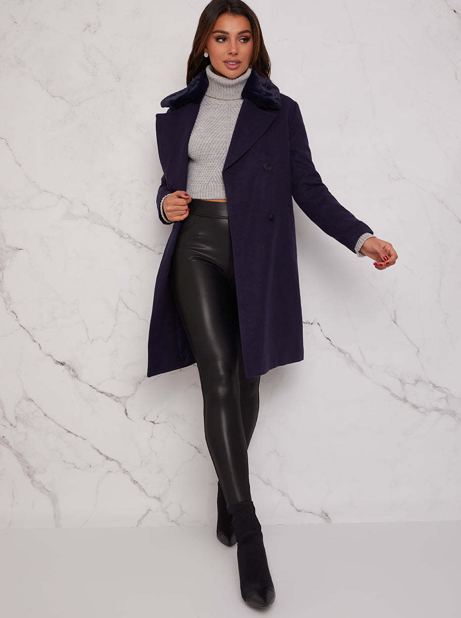 Structured Double Breasted Coat with Faux Fur Collar in Navy