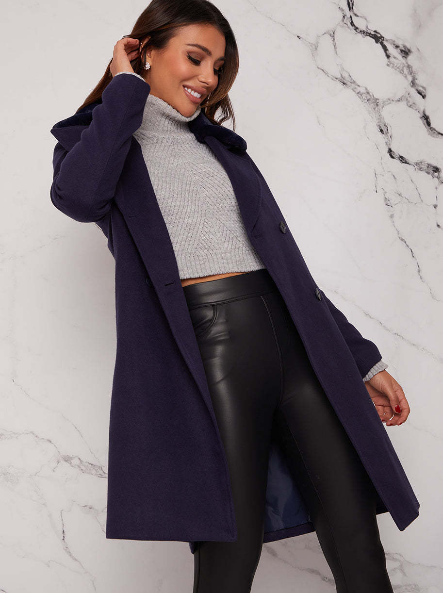 Structured Double Breasted Coat with Faux Fur Collar in Navy