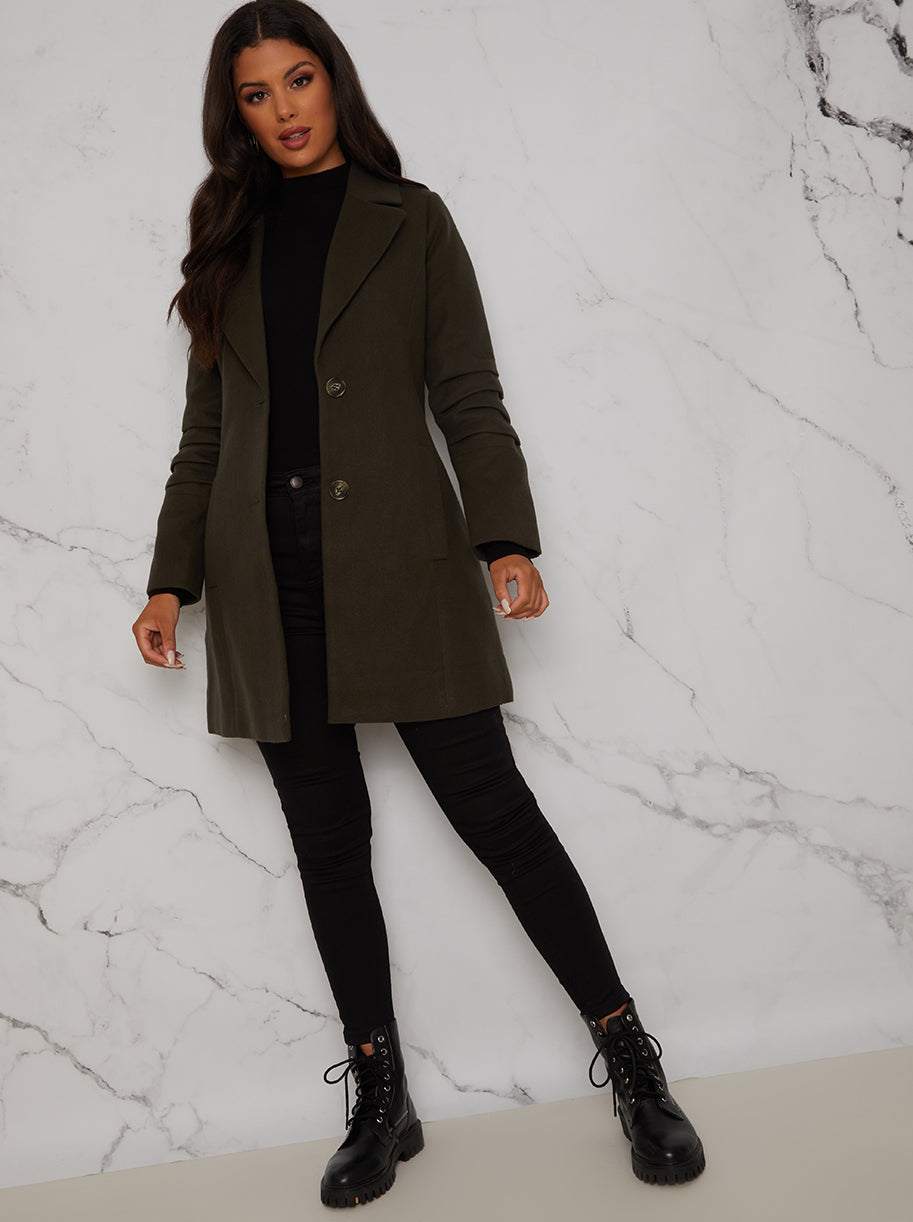 Ruched Sleeve Button Up Coat in Khaki