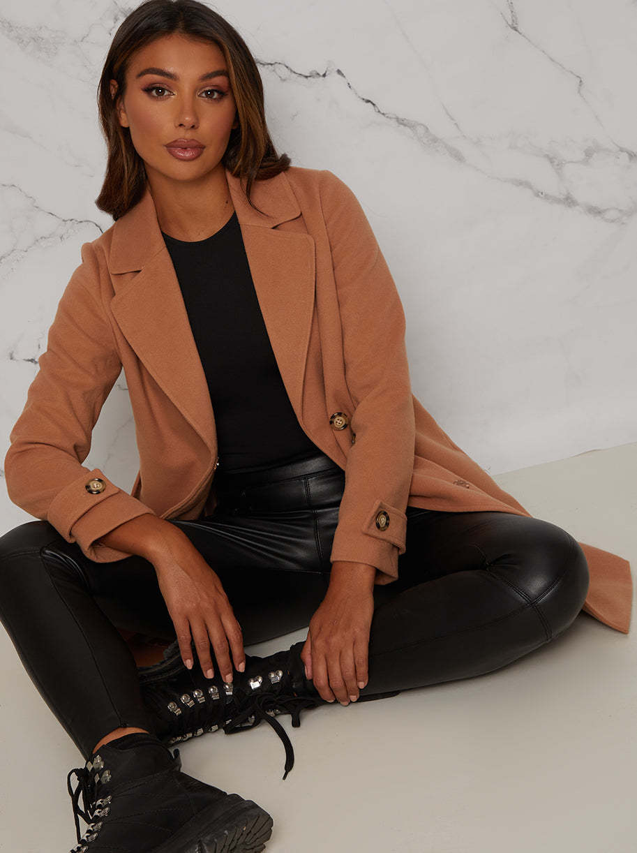 Structured Coat with Button-Up Waist Panel in Tan
