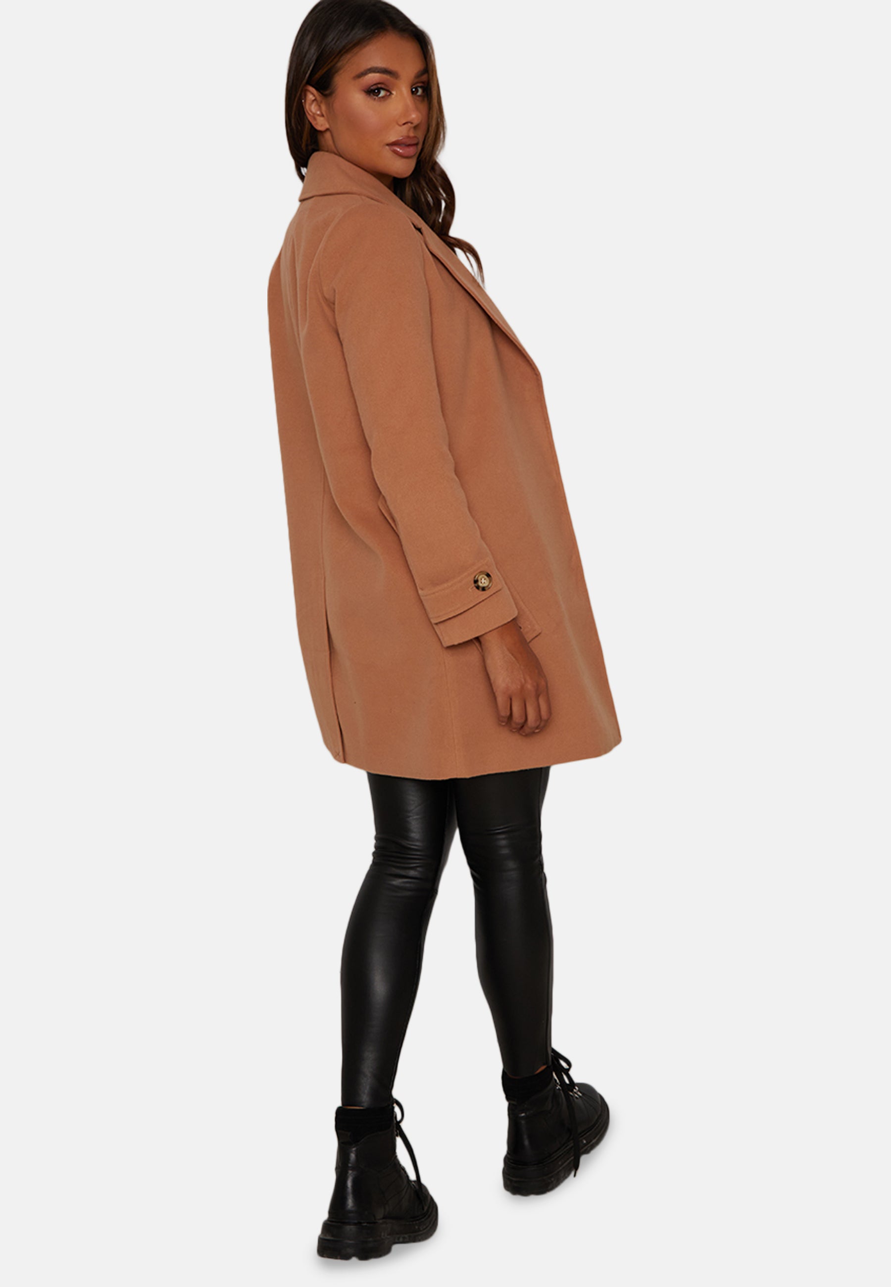 Structured Coat with Button Up Waist Panel in Tan