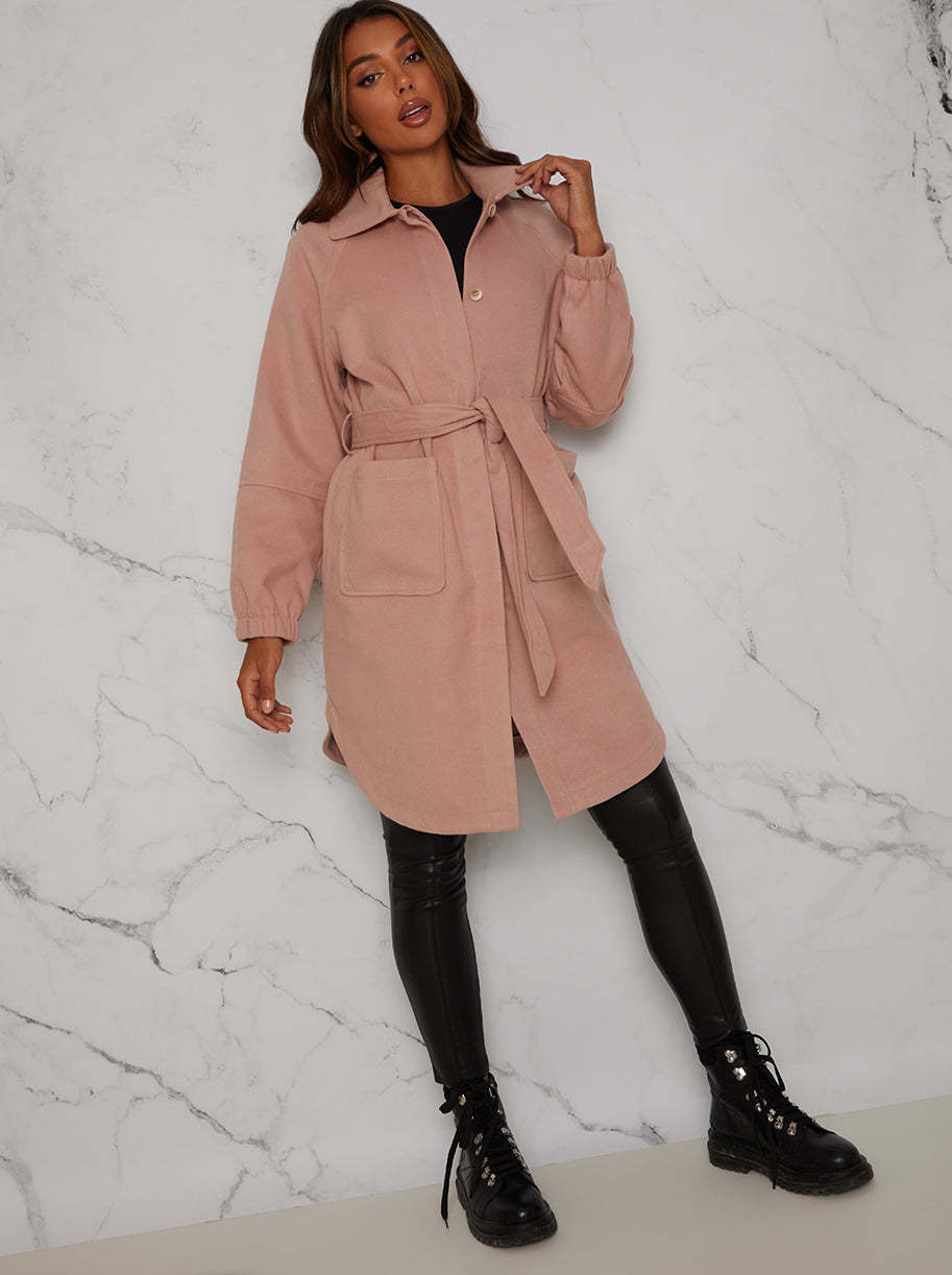 Oversized Puff Sleeve Coat with Tie Waist in Pink