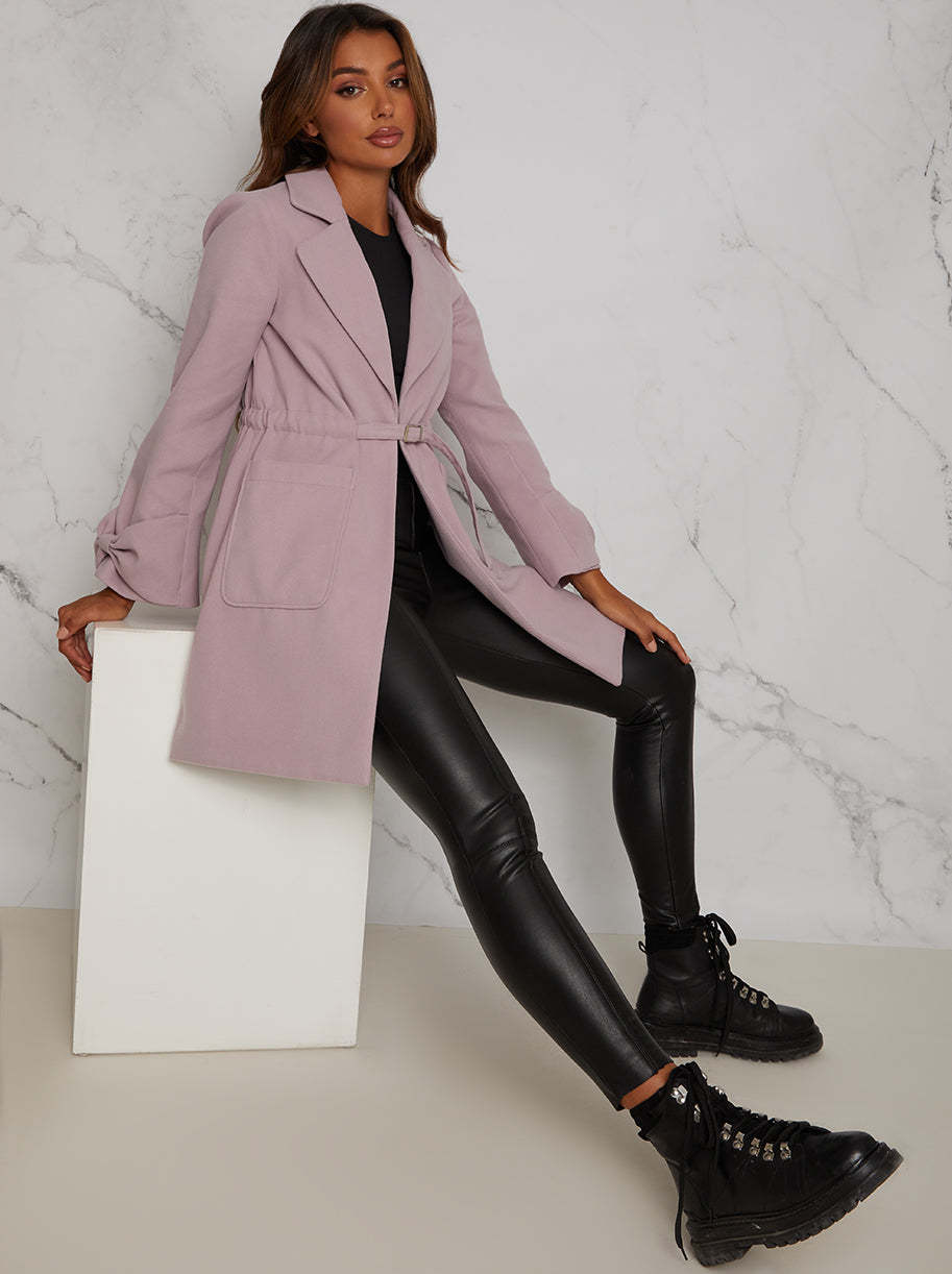 Structured Coat with Bow Sleeves and Belt Detail in Lilac