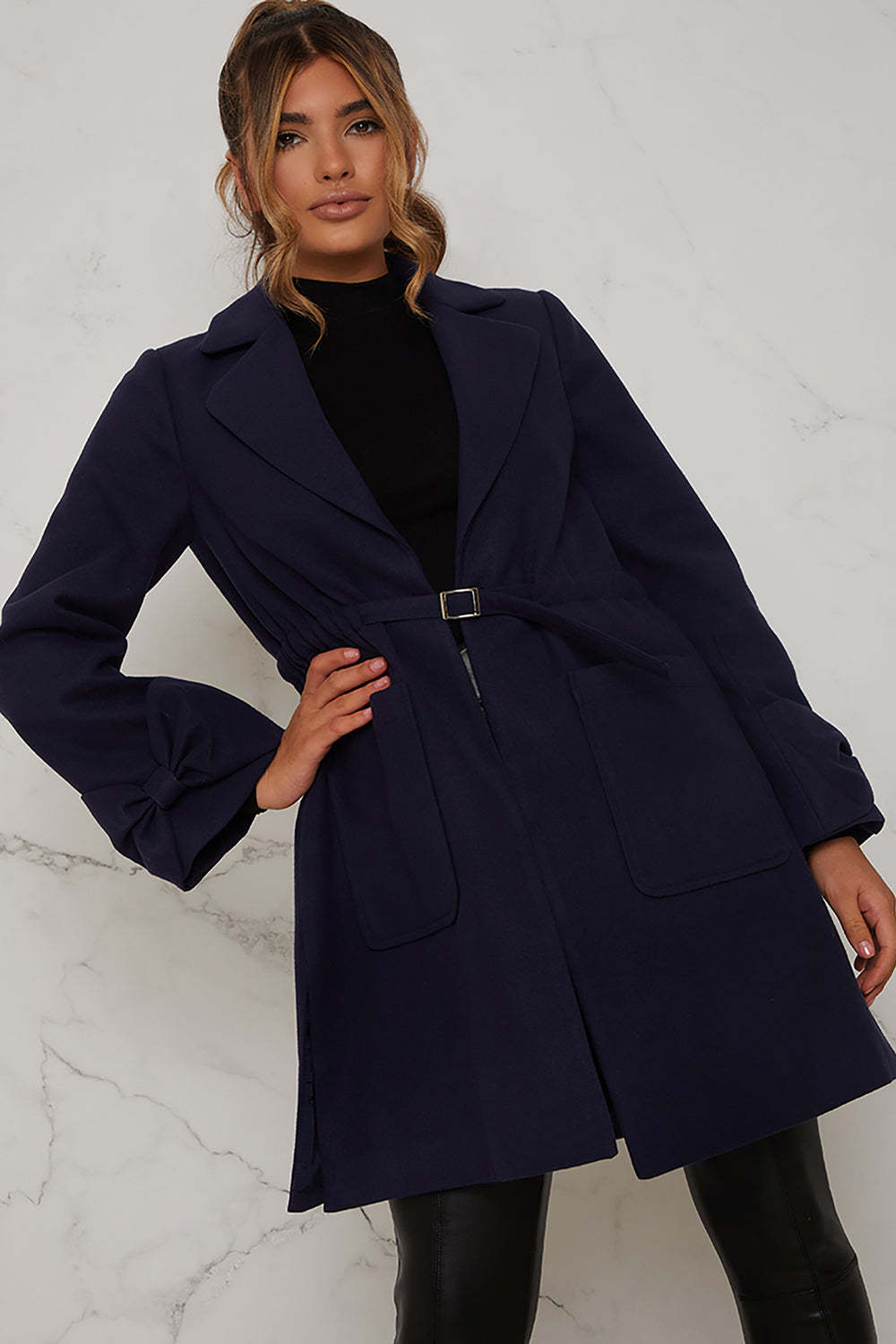 Structured Coat with Bow Sleeves and Belt in Navy Chi Chi London