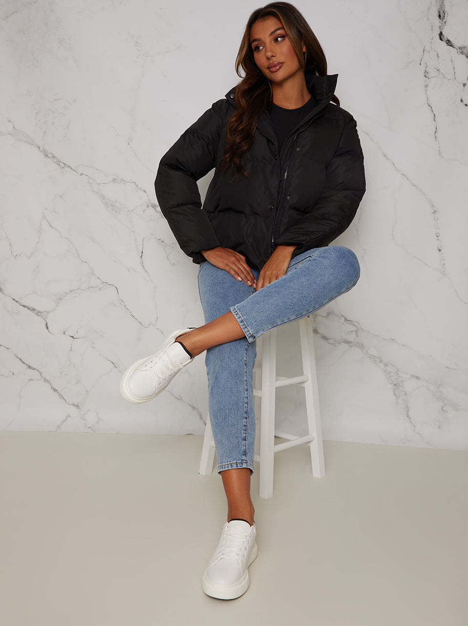Cropped Padded Puffer Coat in Black
