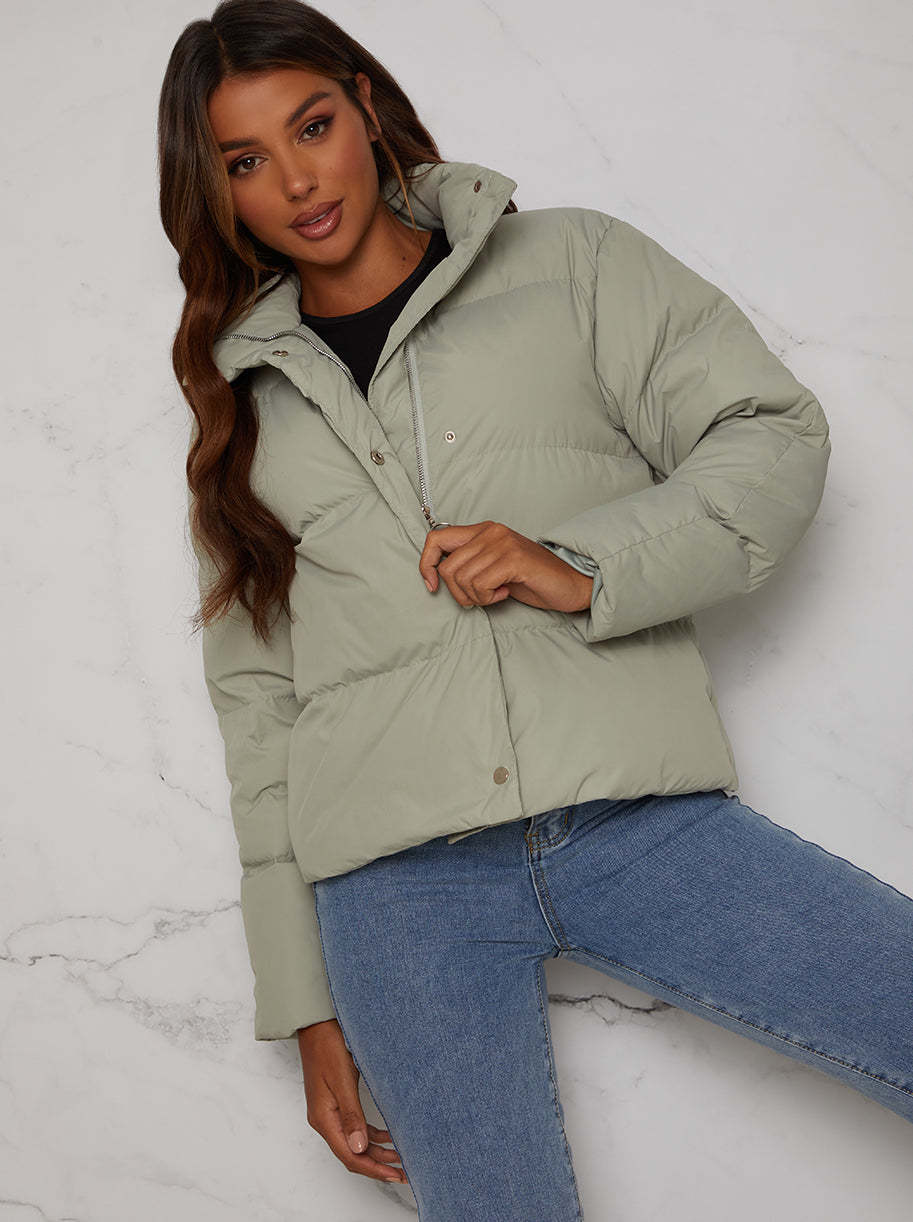 Cropped Padded Puffer Coat in Green