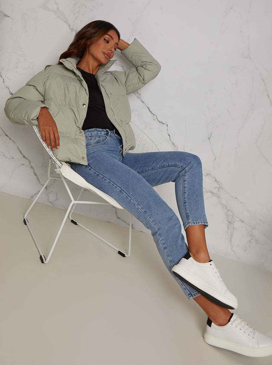 Cropped Padded Puffer Coat in Green