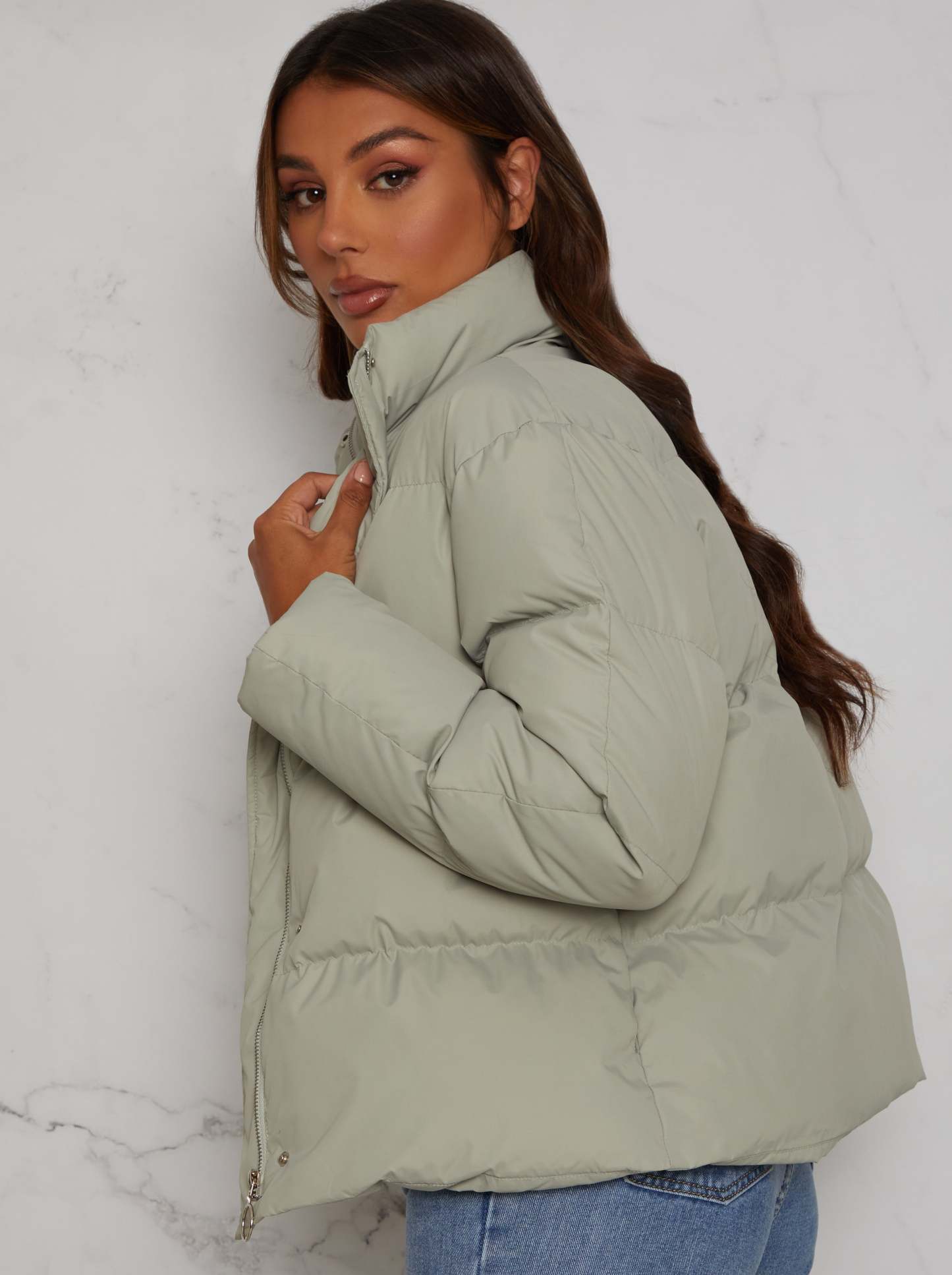Cropped Padded Puffer Coat in Green