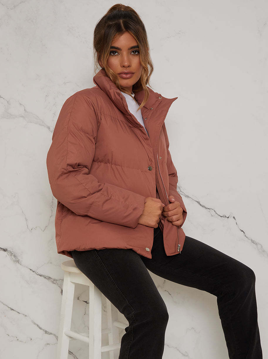 Cropped Padded Puffer Coat in Rust