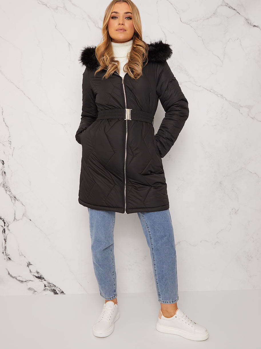 Quilted Puffer Coat with Faux Fur Hood in Black