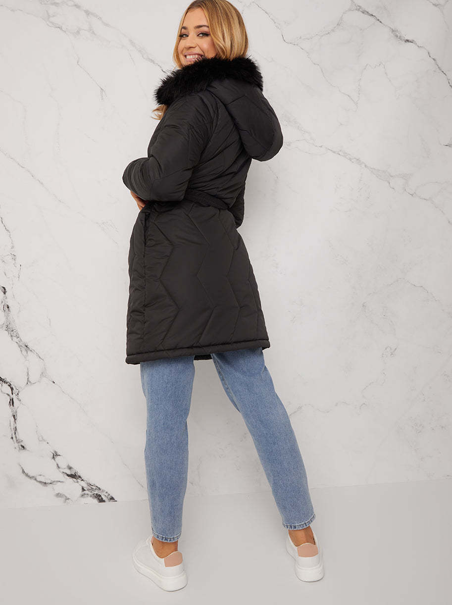 Quilted Puffer Coat with Faux Fur Hood in Black