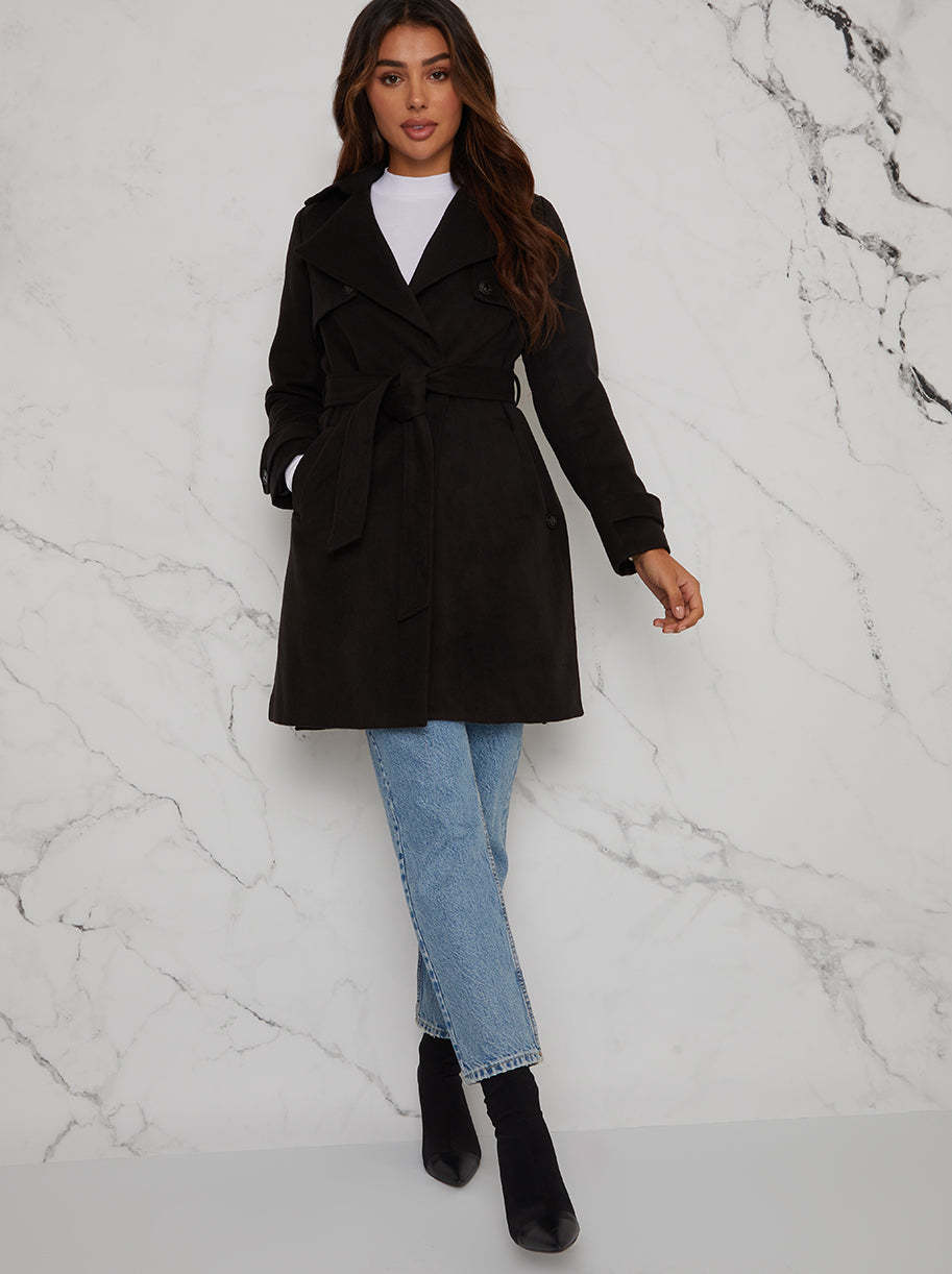 Double Breasted Coat with Waist Tie in Black