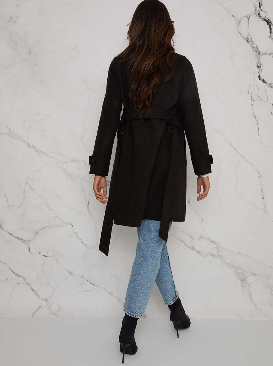 Double Breasted Coat with Waist Tie in Black