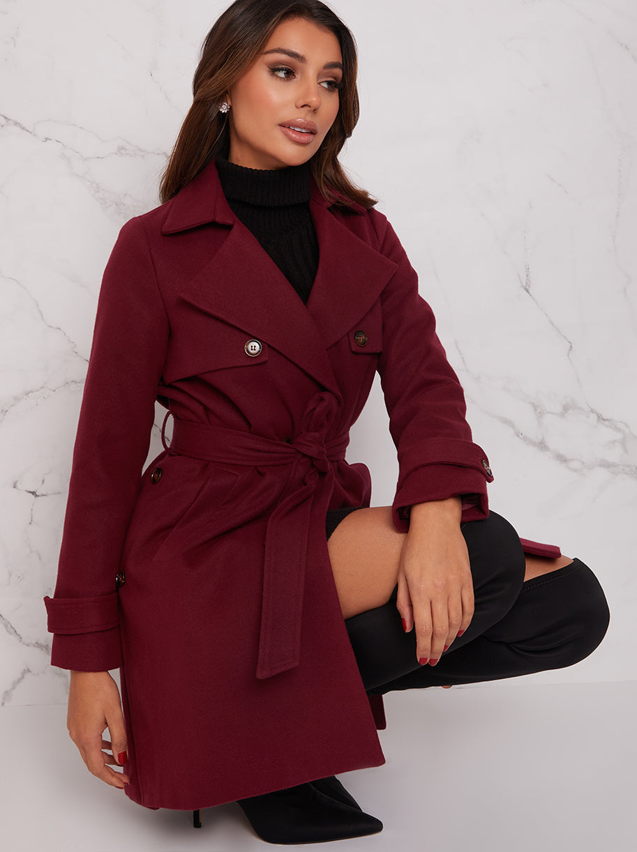 Double Breasted Coat with Waist Tie in Burgundy