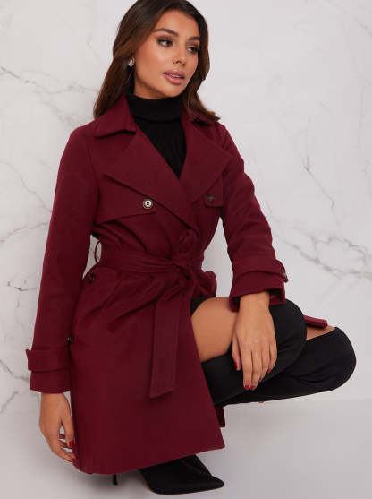 Double Breasted Coat with Waist Tie in Burgundy