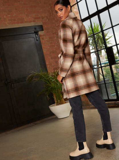Tie Waist Check Coat in Brown