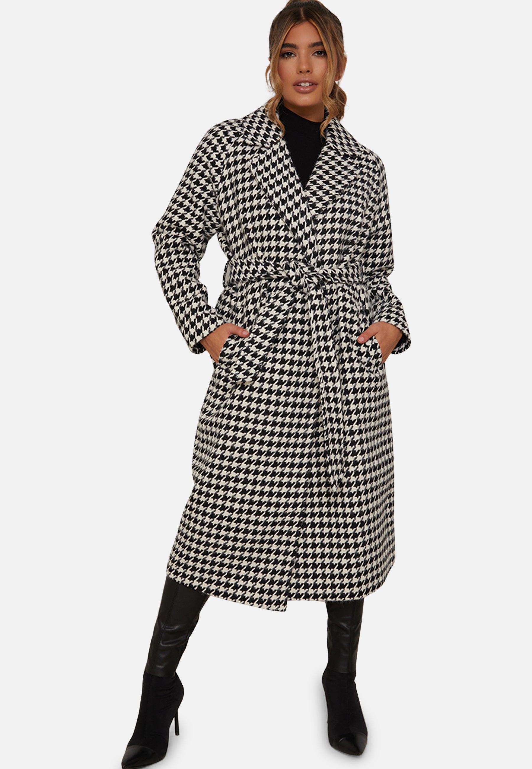 Tie Waist Dogtooth Coat in Monochrome