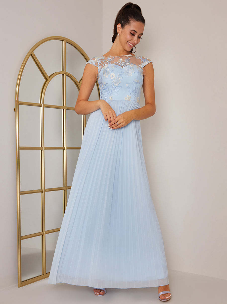 Cap Sleeved Embroidered Bodice Maxi Dress in Blue