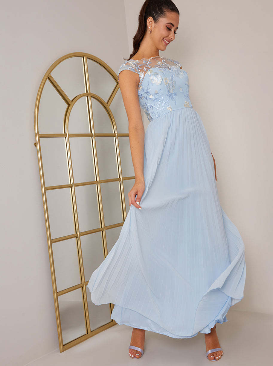 Cap Sleeved Embroidered Bodice Maxi Dress in Blue