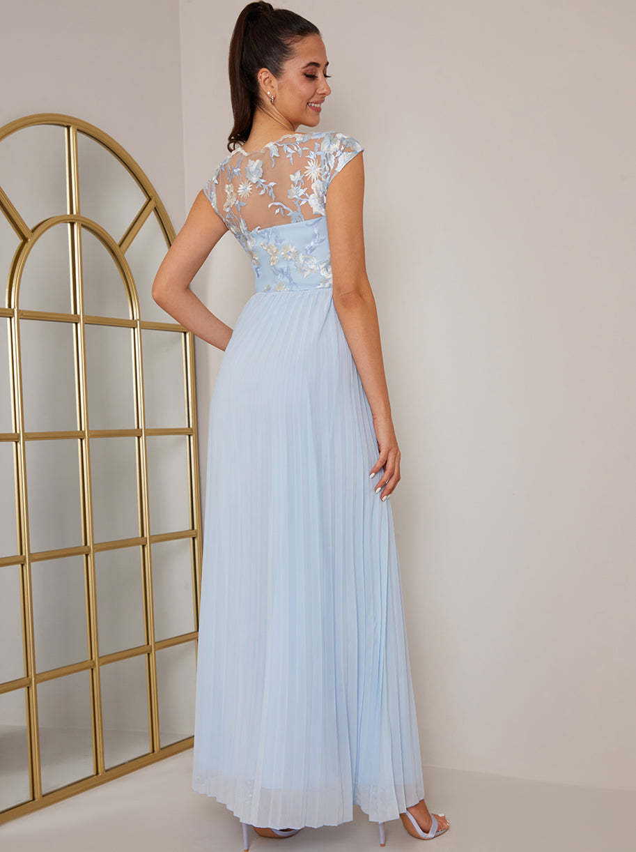 Cap Sleeved Embroidered Bodice Maxi Dress in Blue