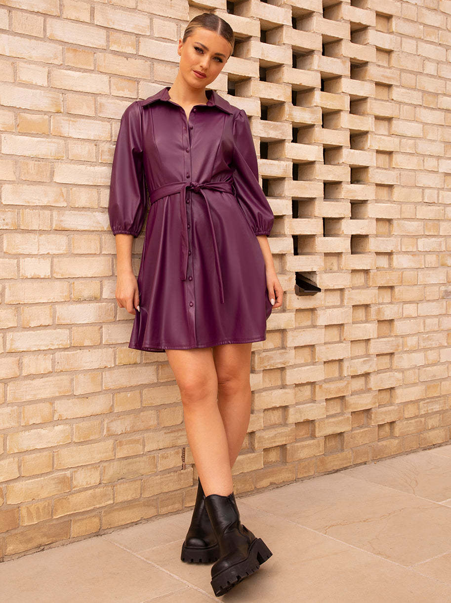 Balloon Sleeve Faux Leather Shirt Dress in Purple