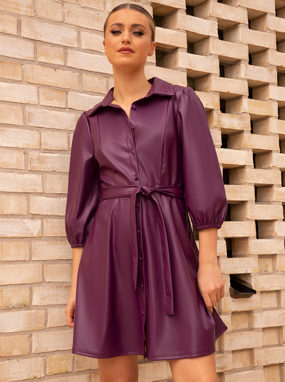 Balloon Sleeve Faux Leather Shirt Dress in Purple