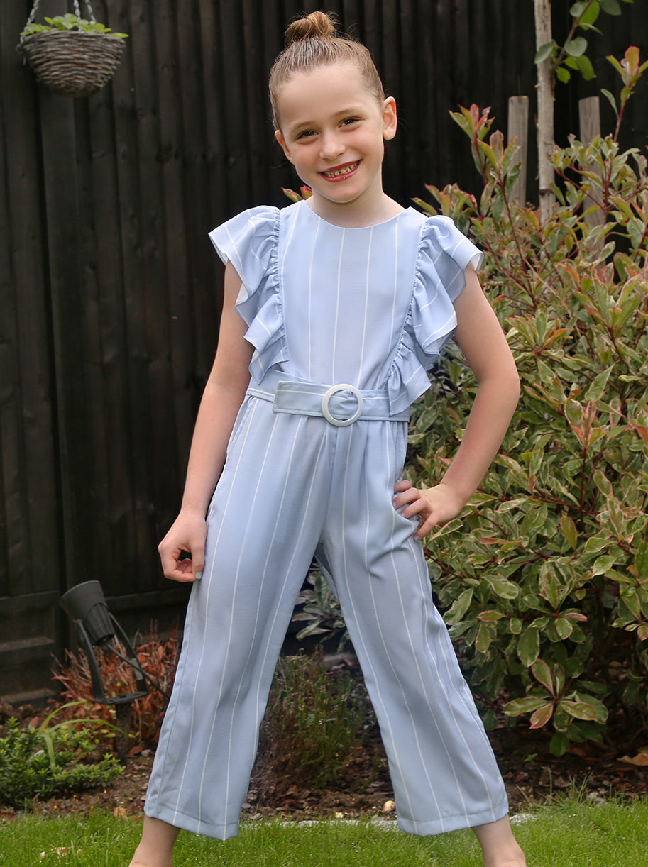 Girls Ruffle Design Striped Belted Jumpsuit in Blue