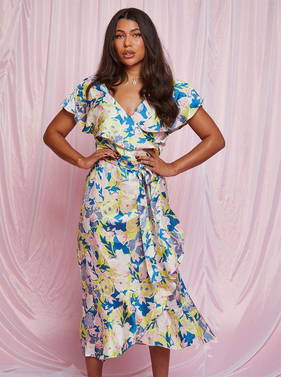 V Neck Floral Wrap Midi Dress in Multi Chi Chi London UK