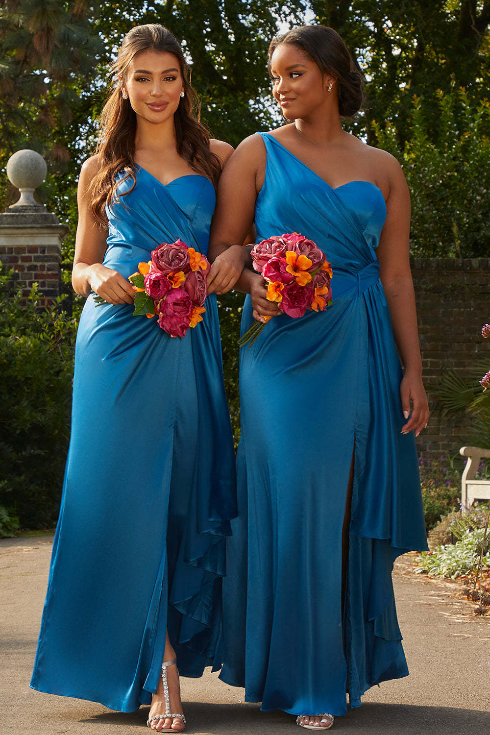 Plus Size One Shoulder Satin Finish Maxi Dress in Blue